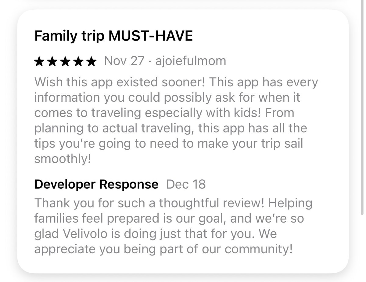 App Store review by ajoiefulmom titled 'Family trip MUST-HAVE' - 5 stars, Nov 27
