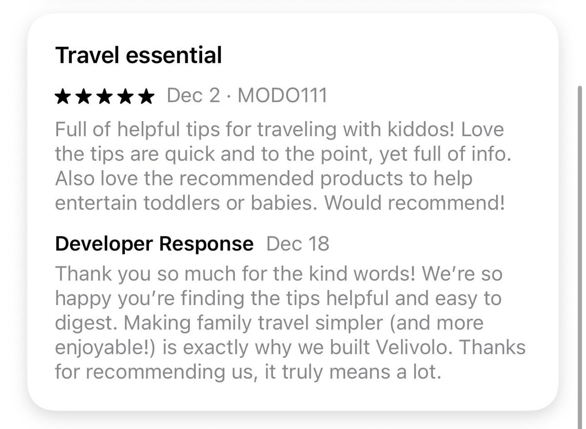 App Store review by MODO111 titled 'Travel essential' - 5 stars, Dec 2