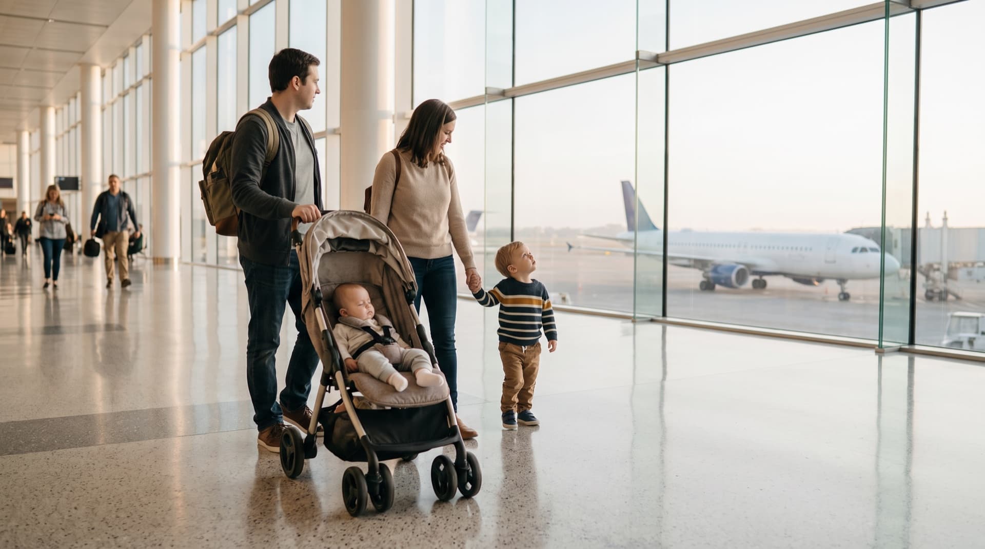 A family with a stroller and a toddler walking through a bright airport terminal