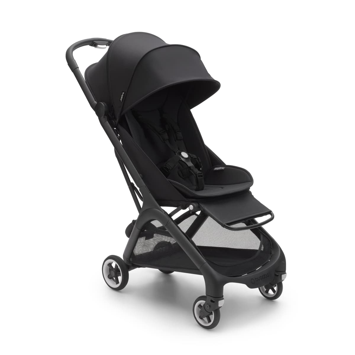 BOB Wayfinder jogging stroller in black on a paved trail with pneumatic tires visible