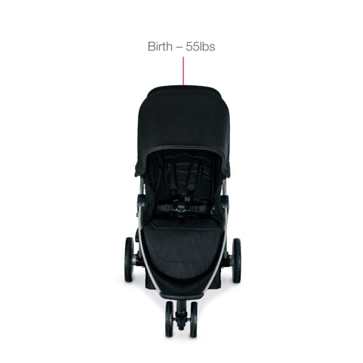 Britax B-Lively stroller in black with Britax B-Safe infant car seat attached on a suburban sidewalk