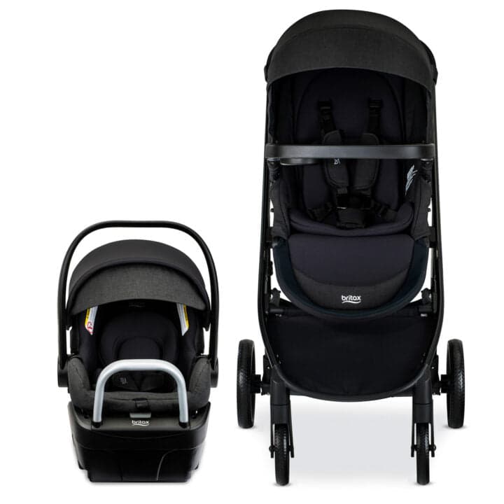 Britax Willow Brook S+ travel system with Willow S infant car seat on a suburban sidewalk