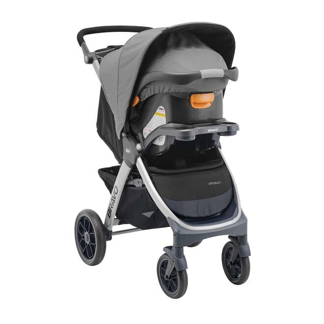 Chicco Bravo Trio travel system with KeyFit 30 infant car seat in grey on a neighborhood sidewalk