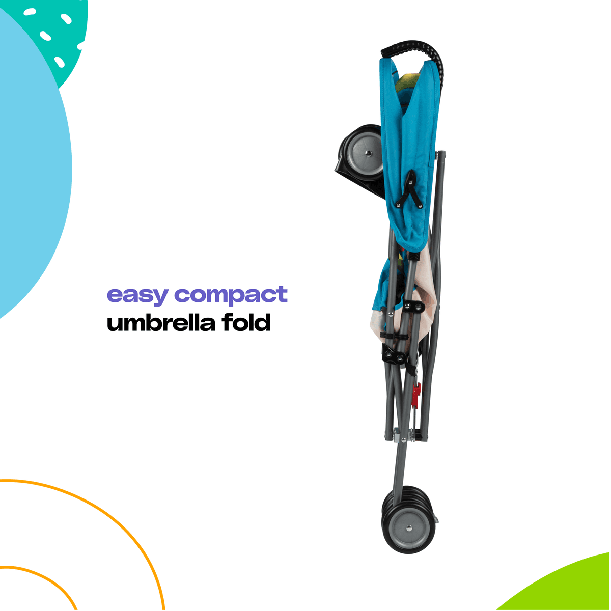 Cosco Simple Fold full-size stroller in black and grey in a home entryway, showing compact folded position