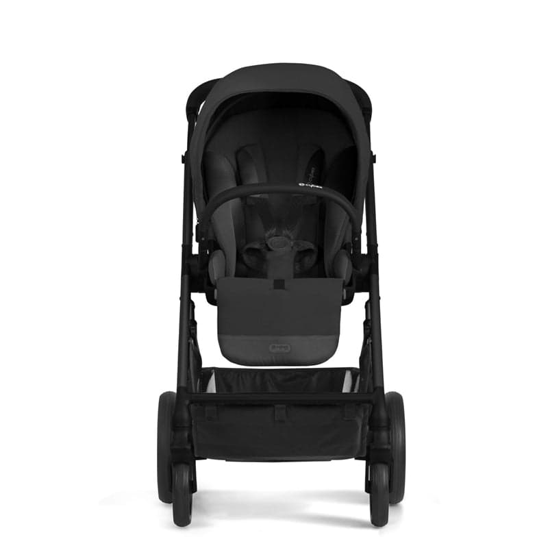 Cybex Balios S Lux 2 stroller in navy blue with vegan leather handlebar on a city street