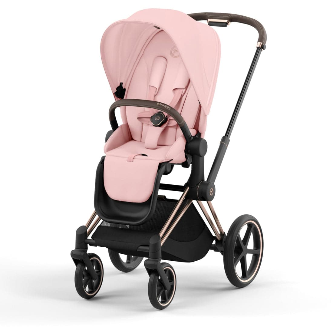 Cybex Priam 4 stroller in deep black with lux carry cot on a European cobblestone plaza