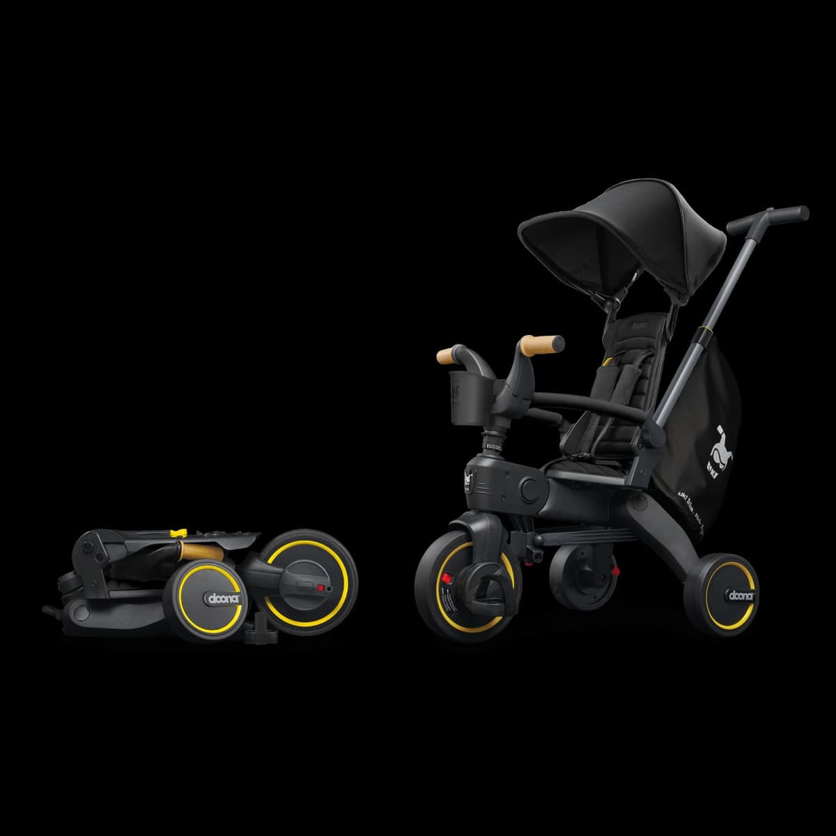 Doona Liki Trike S5 in gray folded compact alongside its unfolded configuration as a parent-push trike