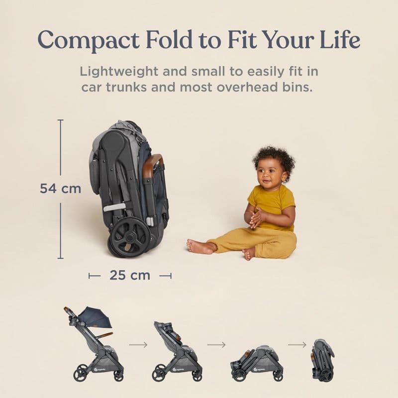 Ergobaby Metro+ Deluxe stroller in black with adjustable handlebar raised at an airport gate