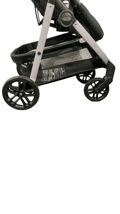 Graco Modes Pramette travel system in pramette mode with infant lying flat, grey and black