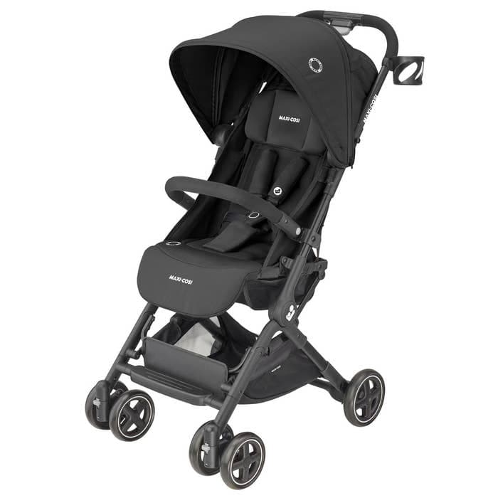 Maxi-Cosi Lara 2 stroller folded with integrated shoulder strap visible on an airport walkway