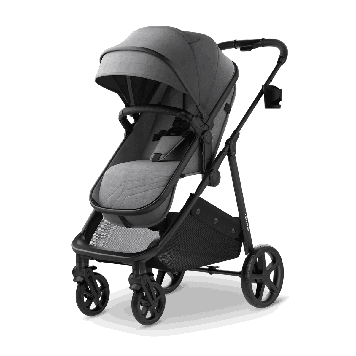 Mompush Wiz stroller in gray with seat converted to flat bassinet mode for newborn use