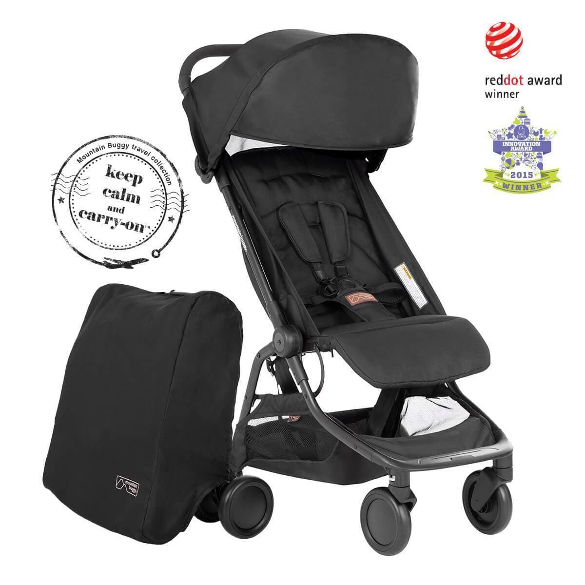 Mountain Buggy Nano stroller in black with included satchel at an airport gate