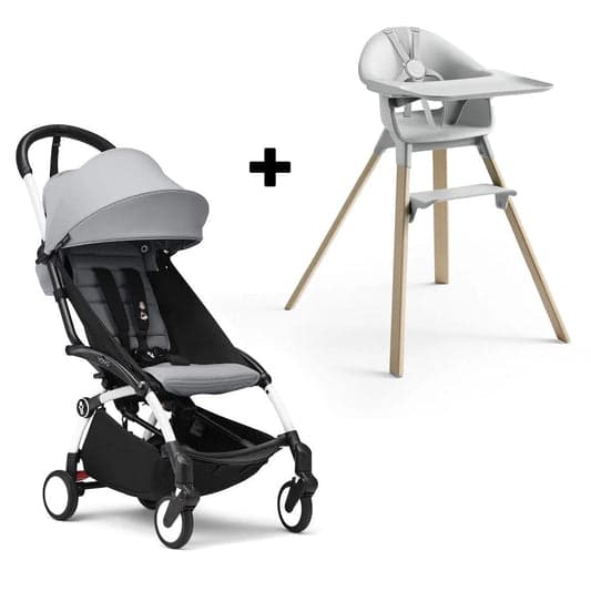 Stokke YOYO3 stroller in white frame with teal color pack folded to carry-on size at airport