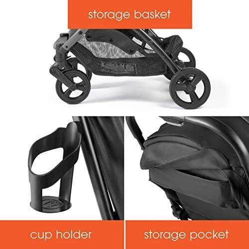Summer Infant 3Dpac CS+ stroller in black with car seat adapter attached, compact fold position on a sidewalk