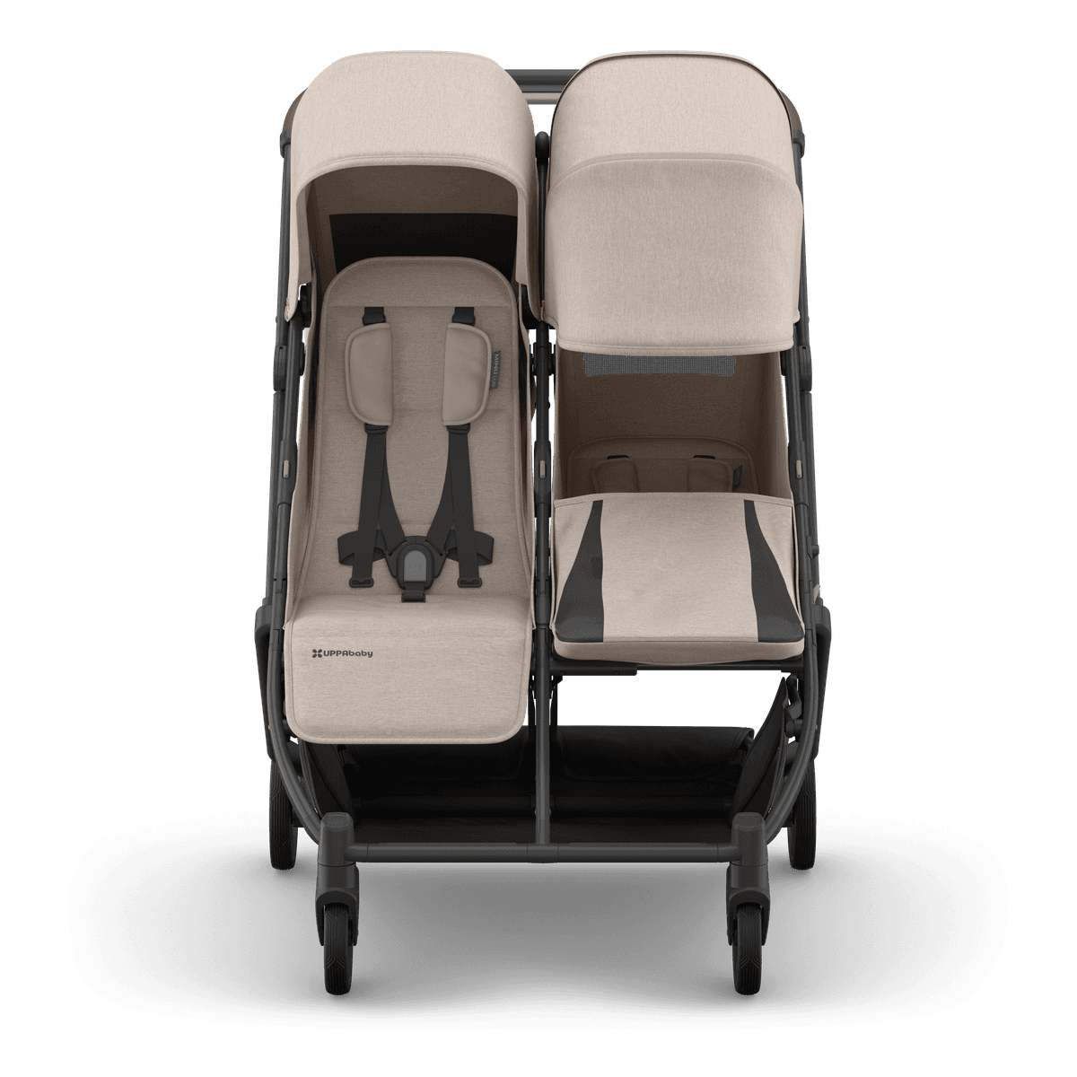 UPPAbaby Minu Duo compact side-by-side double stroller in grey melanito color on an urban sidewalk