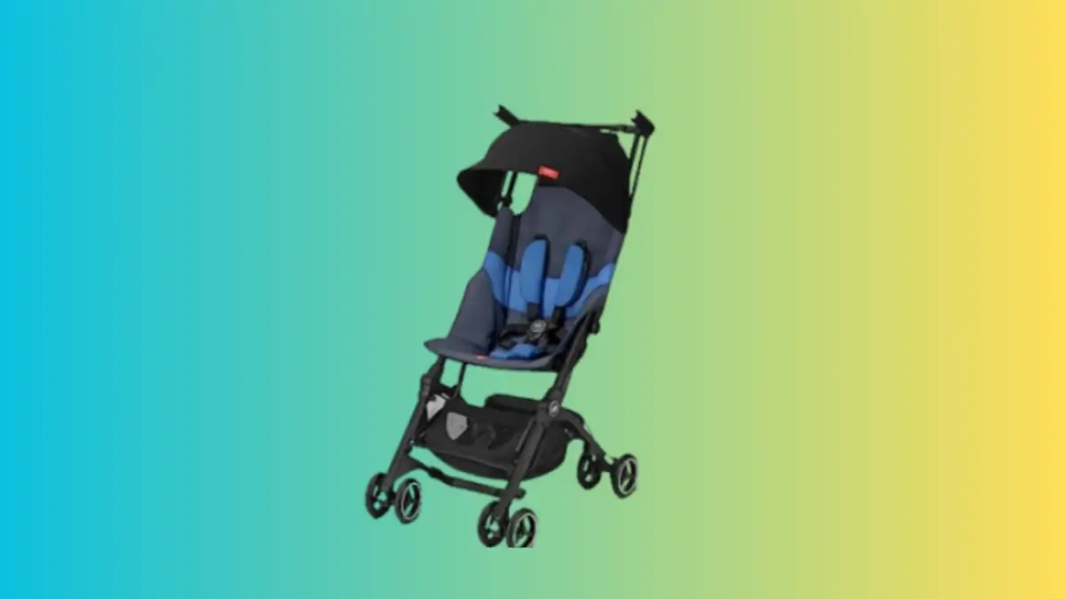 GB Pockit+ All-Terrain stroller folded to backpack size next to a carry-on luggage