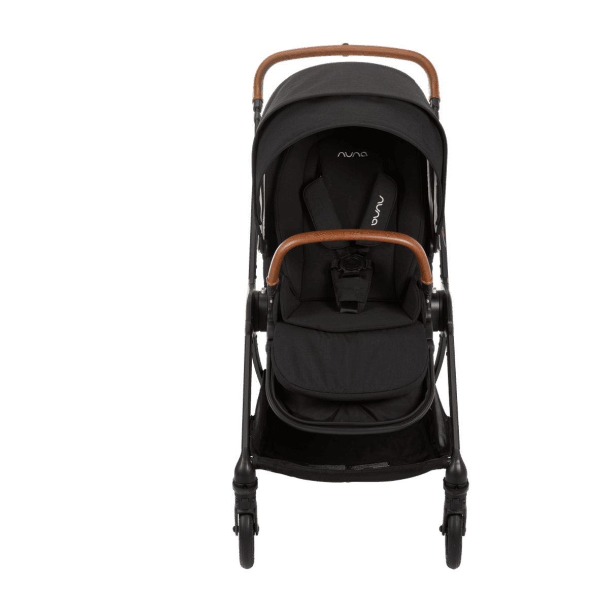 Nuna TRIV Next stroller in caviar black with the seat parent-facing on a city sidewalk