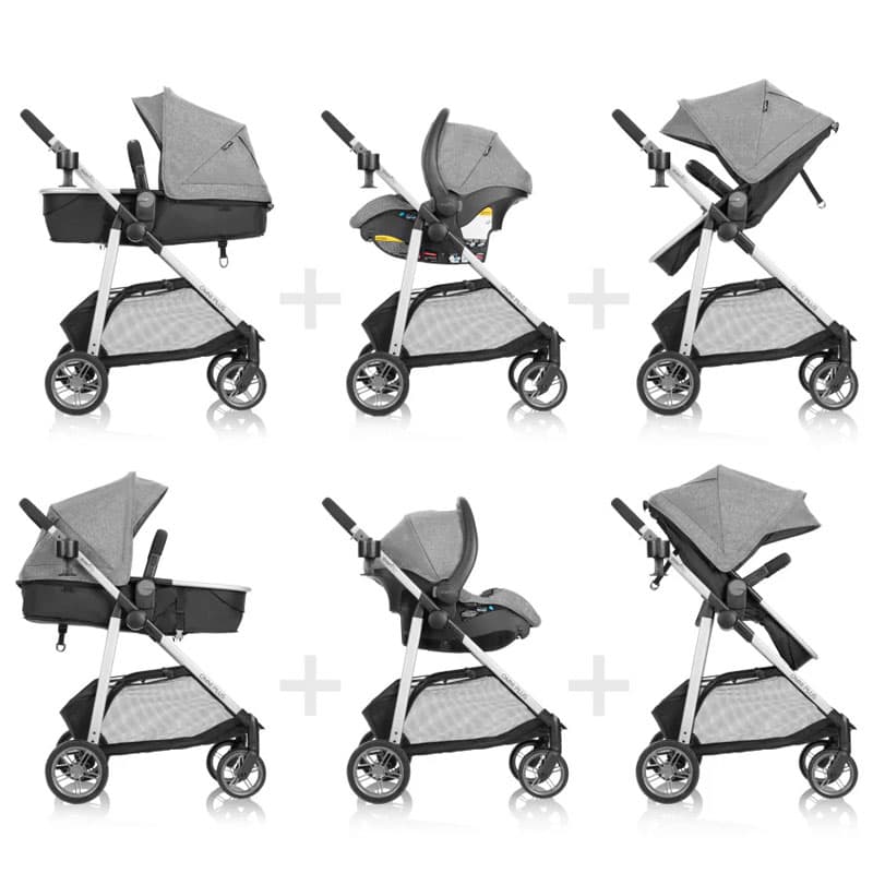 Evenflo Omni Plus modular travel system with LiteMax Sport infant seat in grey and black