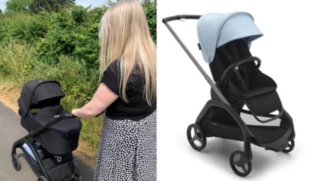 Bugaboo Dragonfly stroller in midnight black with parent-facing seat on a city sidewalk