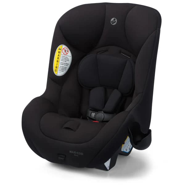 Maxi-Cosi Romi convertible car seat in Essential Black, side view showing narrow profile and LATCH connectors.