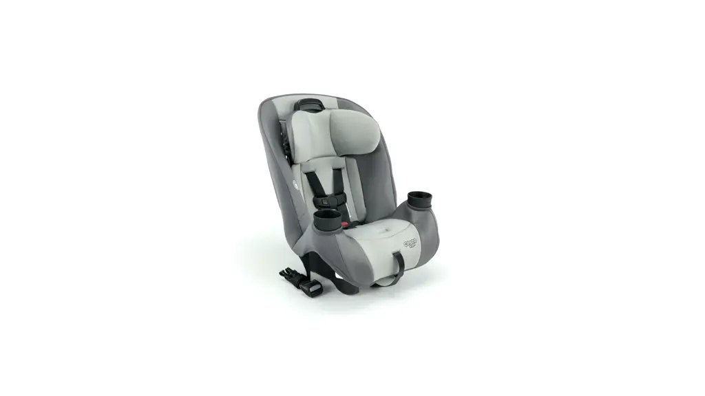 Cosco Entrada convertible car seat in gray, three-quarter front view showing the compact shell and 5-position headrest.