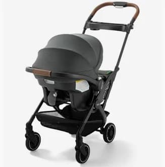 Graco GoMax Baseless infant car seat in Ace colorway, three-quarter view showing rigid LATCH connectors.
