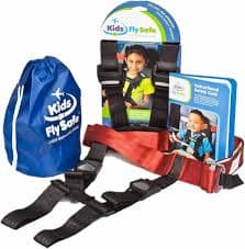 CARES Harness by Kids Fly Safe installed on aircraft seat, side view.