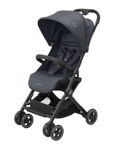 Maxi-Cosi Lara 2 stroller folded with integrated shoulder strap visible on an airport walkway