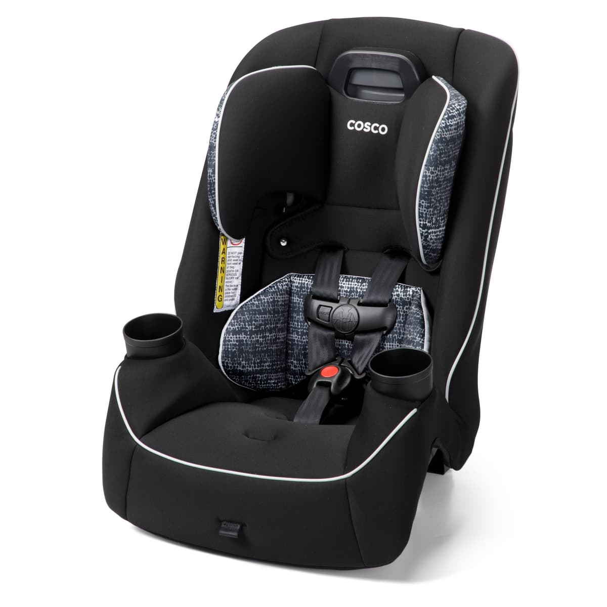 Cosco Easy Elite Slim all-in-one convertible car seat in Grey Glyphs, shown forward-facing on a white background.