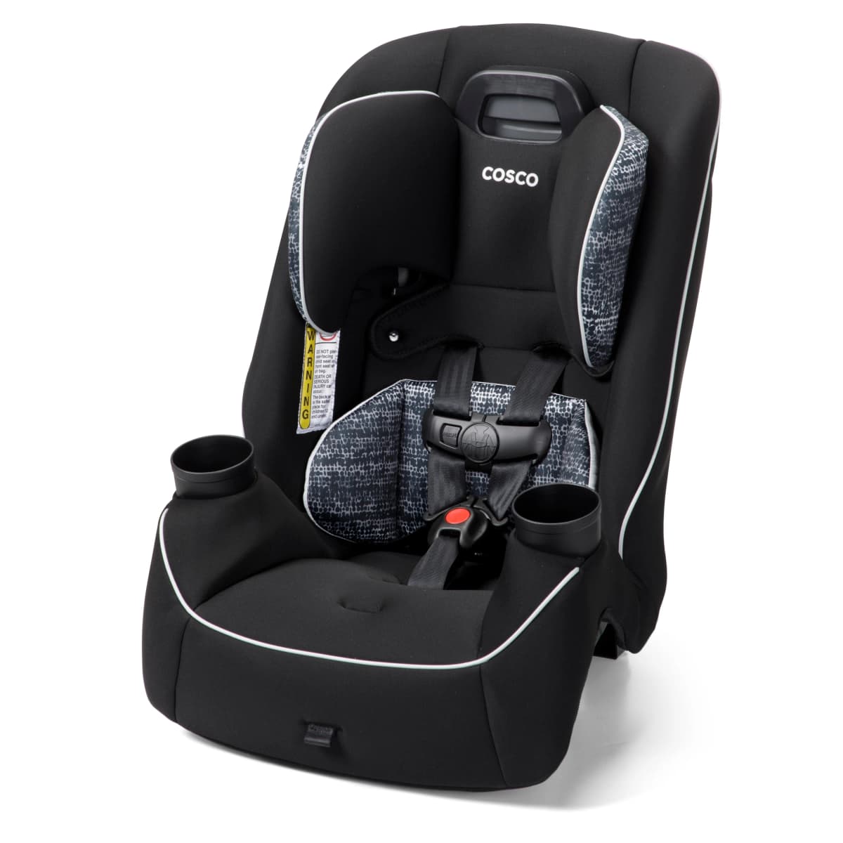 Cosco Easy Elite Slim all-in-one convertible car seat in Grey Glyphs, shown forward-facing on a white background.