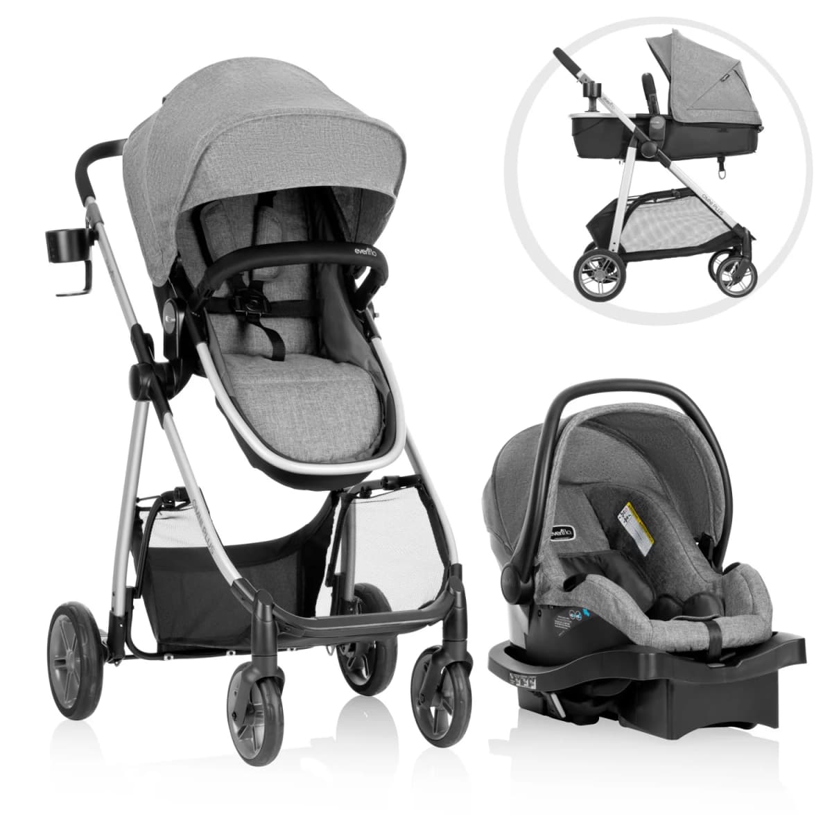 Evenflo Omni Plus modular travel system with LiteMax Sport infant seat in grey and black