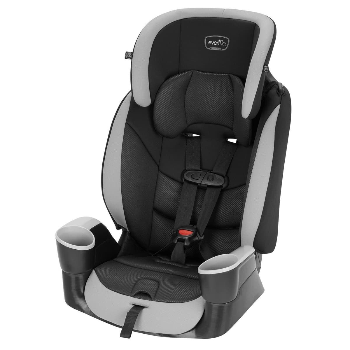 Evenflo Maestro Sport high-back combination car seat in gray, forward-facing, three-quarter view.