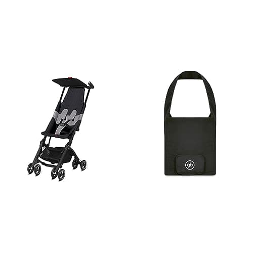 GB Pockit Air stroller folded beside a beach bag and sandals, showing its vacation-ready compact size