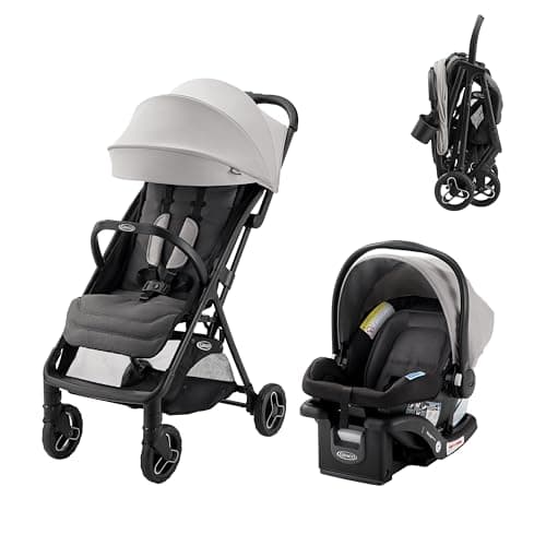 Graco Ready2Jet compact travel stroller in Kingston grey, shown folded beside an airplane overhead bin