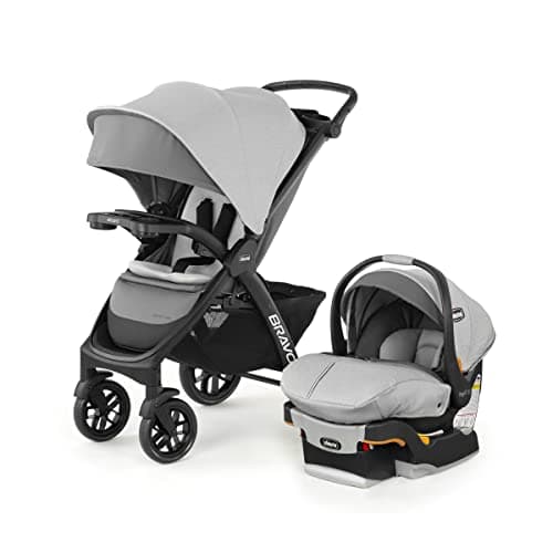 Chicco Bravo Trio travel system with KeyFit 30 infant car seat in grey on a neighborhood sidewalk