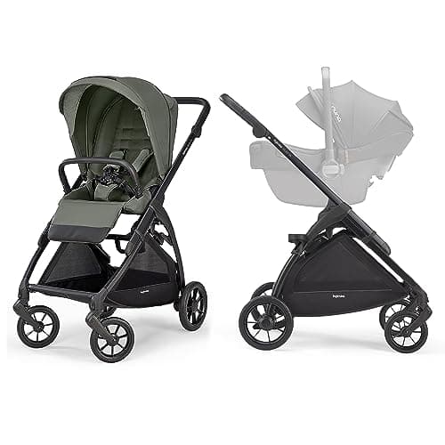 Inglesina Electa stroller in cream with matching Darwin infant car seat in a Vicenza piazza setting