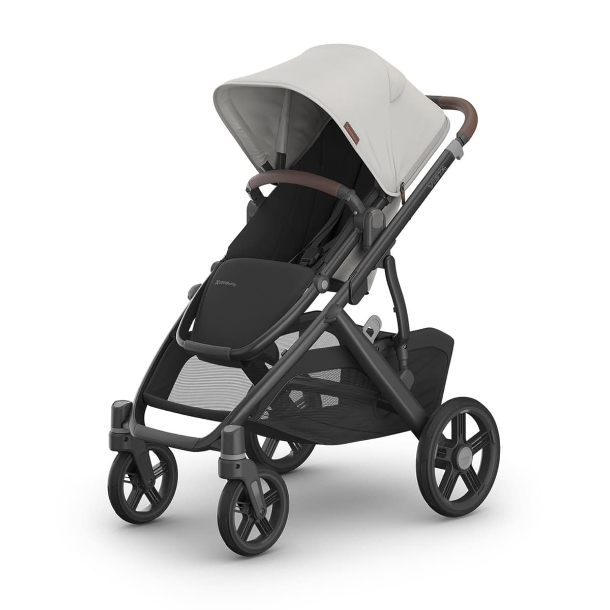UPPAbaby Vista V3 stroller in charcoal color with bassinet attachment on a city sidewalk
