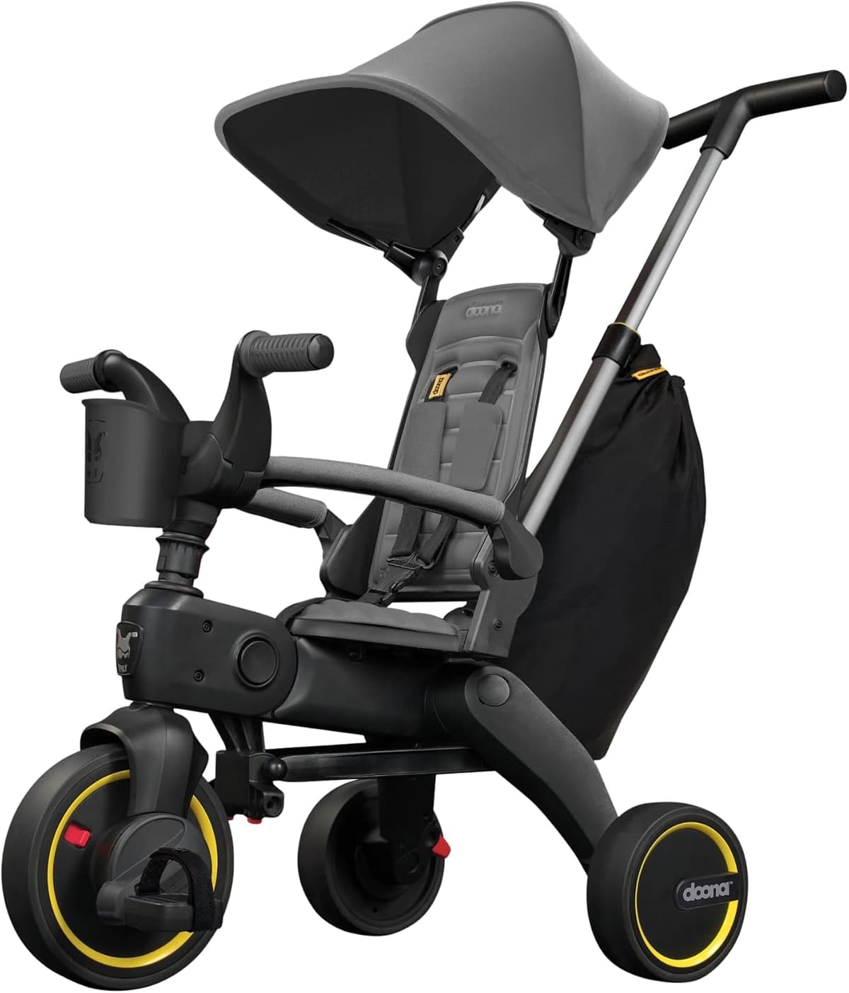 Doona Liki Trike S5 in gray folded compact alongside its unfolded configuration as a parent-push trike