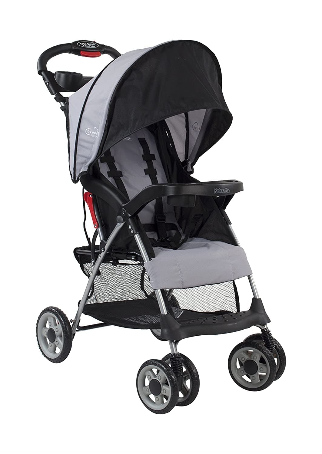 Kolcraft Cloud Plus lightweight stroller in grey folded compactly, showing self-standing position