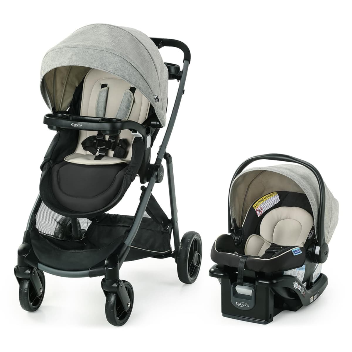Graco Modes Trio travel system with SnugRide 35 Lite infant seat in parent-facing mode, grey