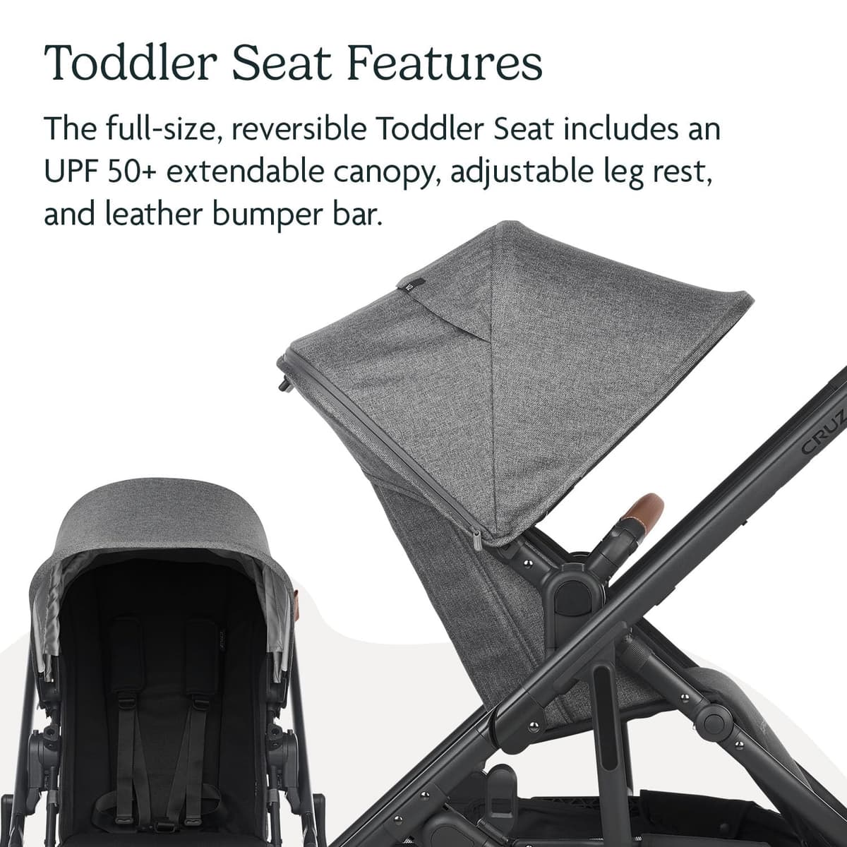 UPPAbaby Cruz V2 stroller in charcoal with toddler seat forward-facing on a city street