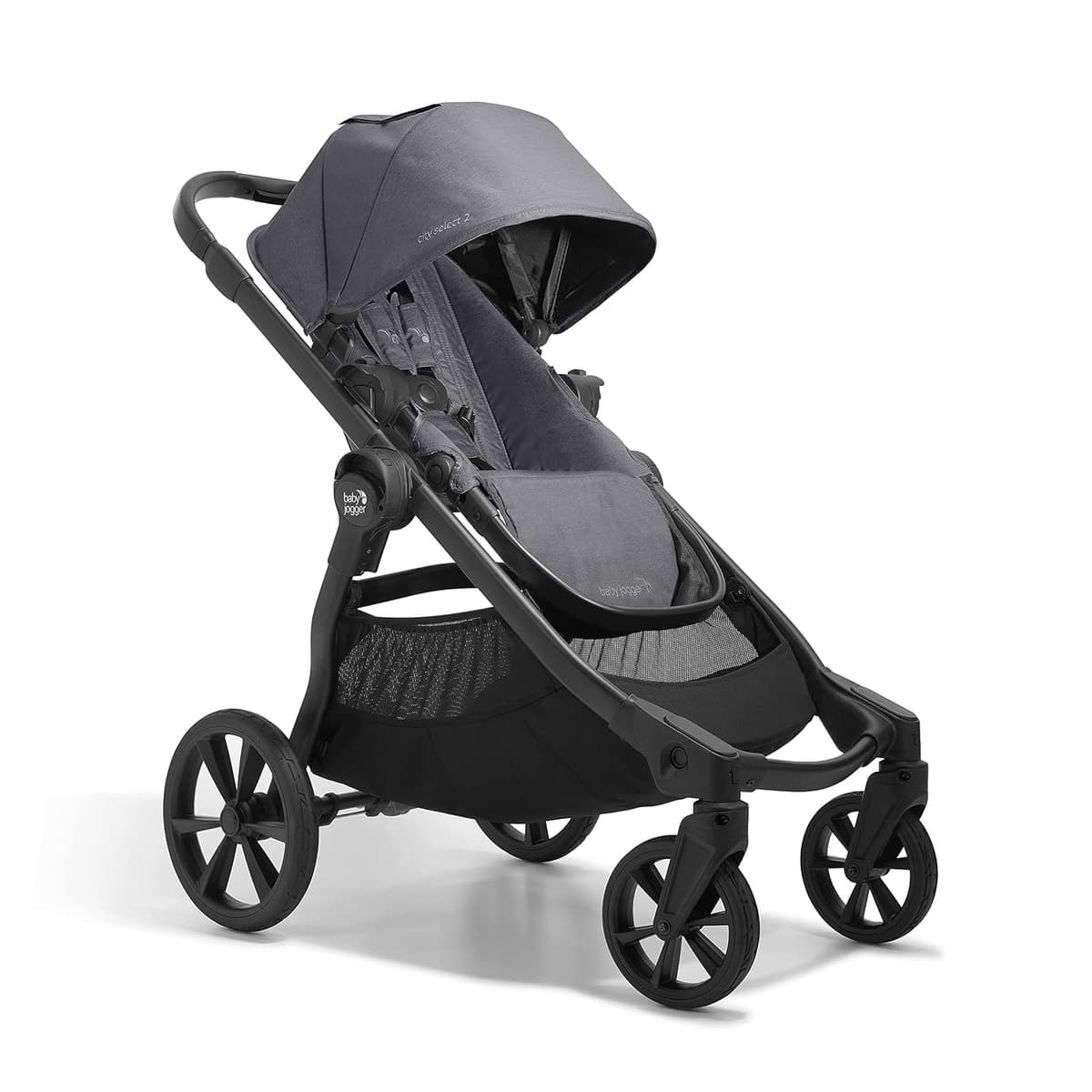 Baby Jogger City Select 2 stroller in radiant slate with forward-facing seat on an urban sidewalk
