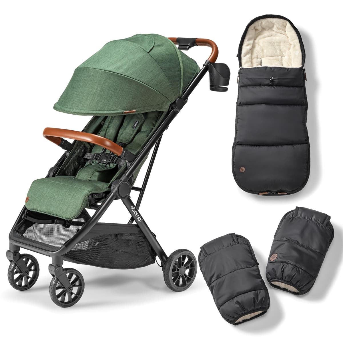 Bombi Bebee V3 lightweight stroller folded flat, showing compact MagicFold design in neutral colorway