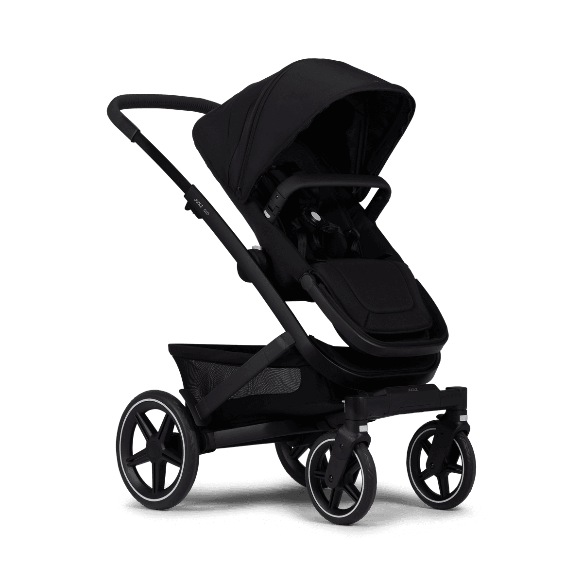 Joolz Geo 3 in Space Black in Duo configuration with upper and lower seats on a European-style city street