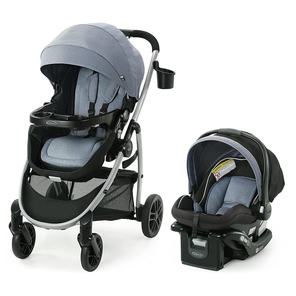 Graco Modes Pramette travel system in pramette mode with infant lying flat, grey and black