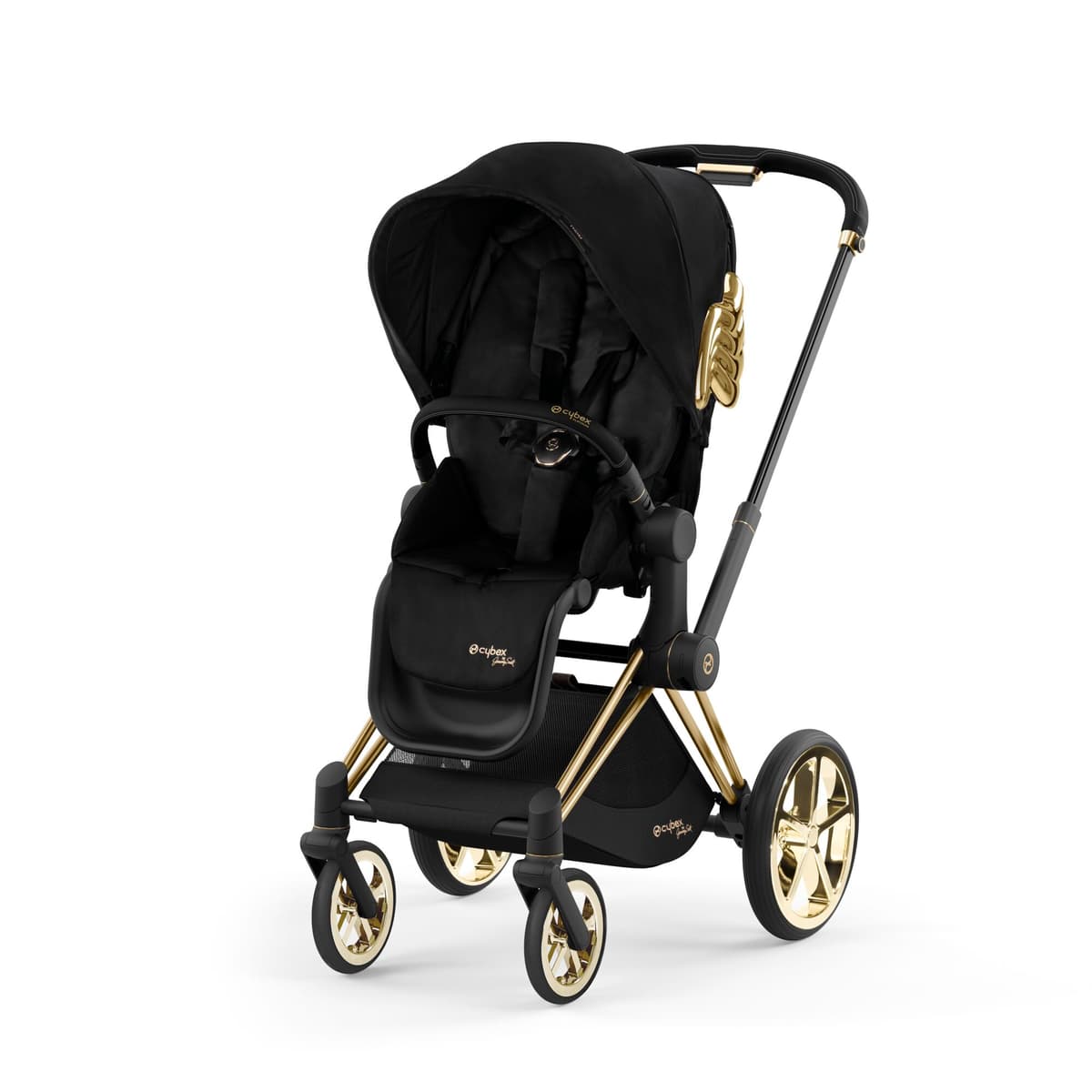 Cybex Priam 4 stroller in deep black with lux carry cot on a European cobblestone plaza
