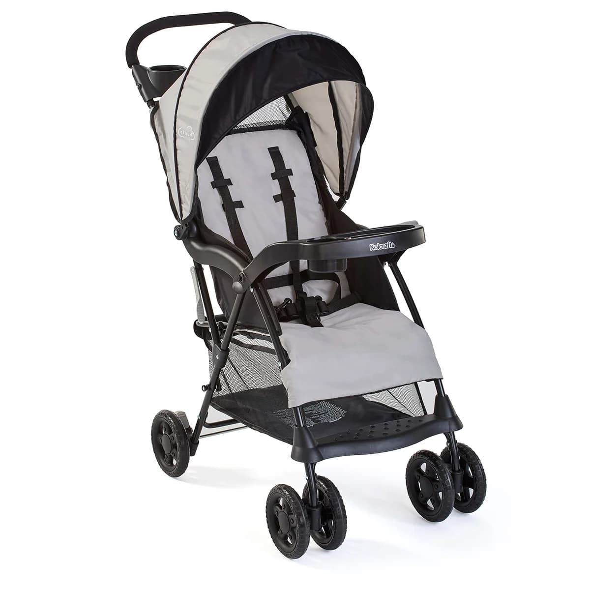 Kolcraft Cloud Plus lightweight stroller in grey folded compactly, showing self-standing position
