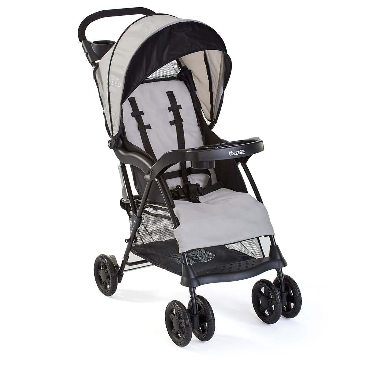 Kolcraft Cloud Plus lightweight stroller in grey folded compactly, showing self-standing position